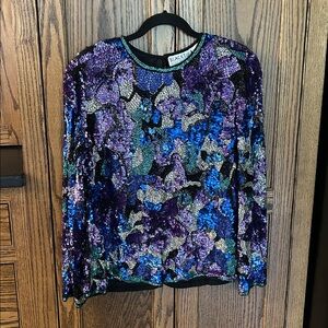 Black Tie Oleg Cassini sequin beaded blouse‎ top VTG teal sparkle cocktail Large